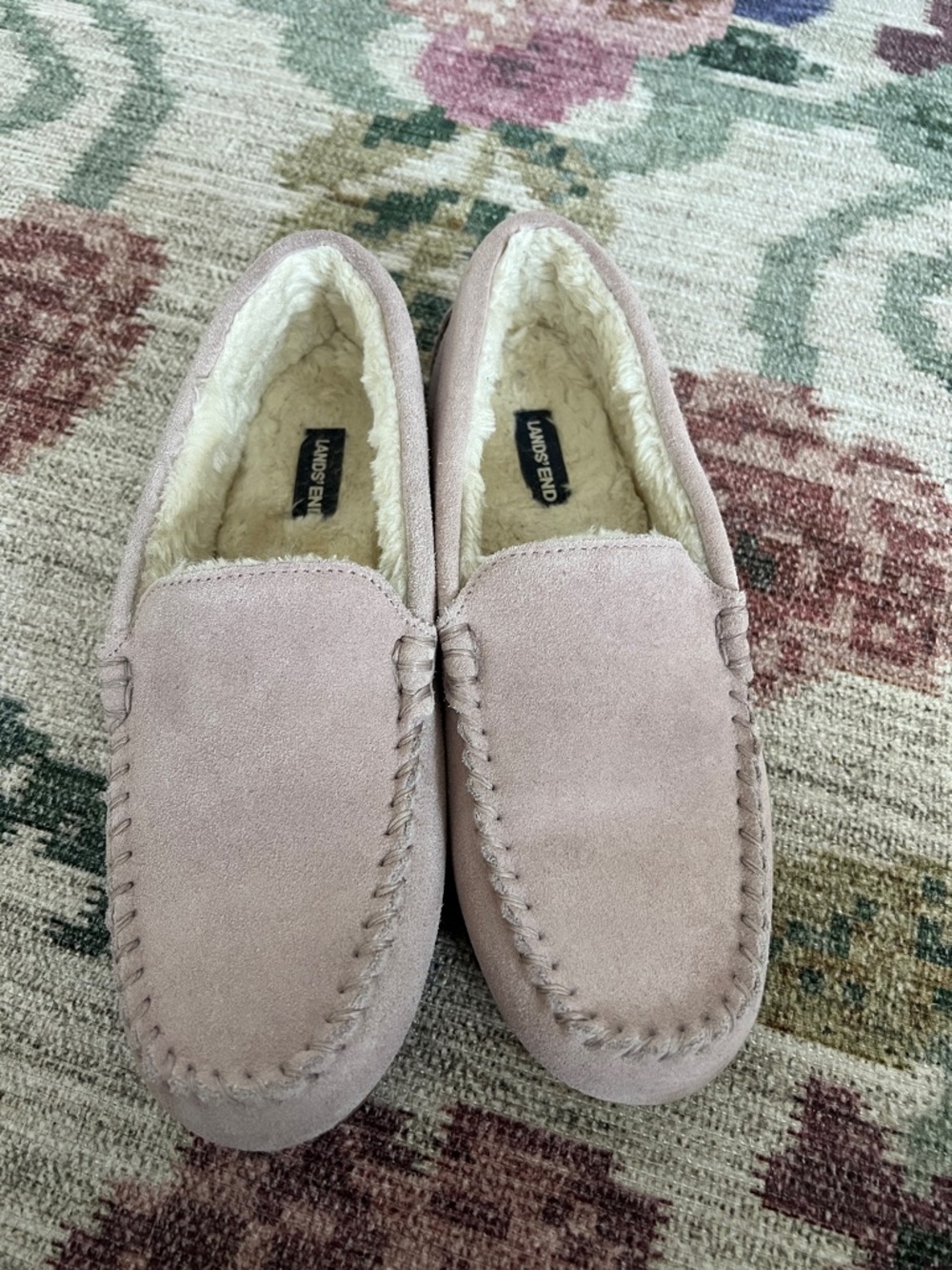 Lands' End Blush Pink Suede Fleece-Lined Moccasin Slippers